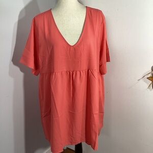 NWOT ZENANA PLUS 1X CORAL BABYDOLL BLOUSE TOP SHORT SLEEVE V NECK